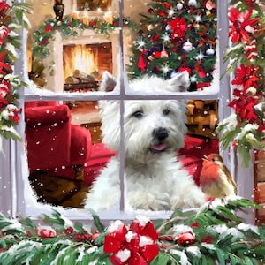 35" Fabric Panel | David Textiles Digital Christmas Terrier Dog & Robin Window