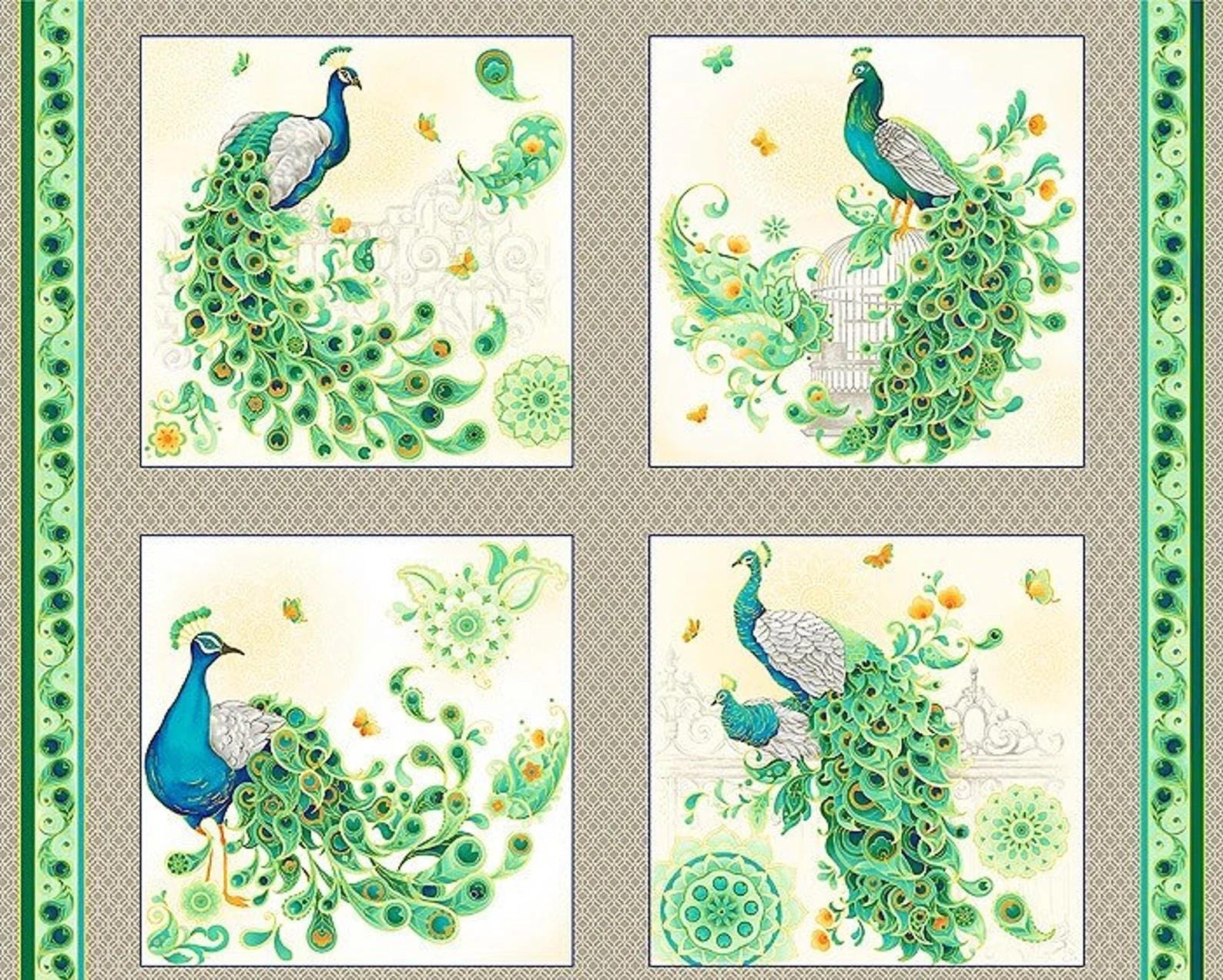 35" Fabric Panel | Oasis Imperial Garden Metallic Peacock Scene Green Cream