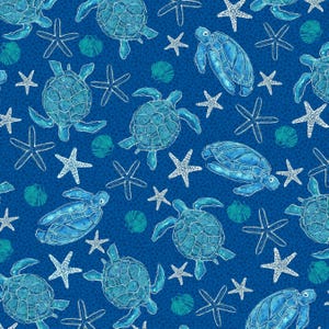 Nautical Fabric | M'Ocean Sea Turtle Starfish Toss Blue | Studio E YARD