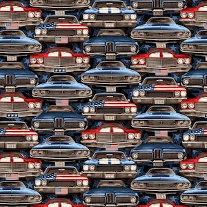 Patriotic Fabric | American Muscle Cars Packed Blue | Studio E YARD
