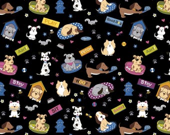 Animal Fabric | Bow Wow Meow Puppy Dog Playtime Black | Freckle + Lollie YARD