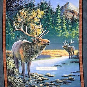 Wild Wings Fabric Panel - Mountain Sky Elk Wallhanging Block Teal Springs 34&quot;