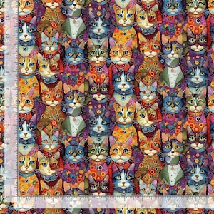 May include: A fabric pattern featuring a repeating grid of stylized cats in vibrant, multicolored designs. A white ruler with black markings is visible along the left and bottom edges, showing measurements up to 11 inches and 11 inches respectively.