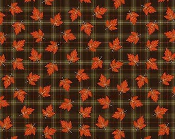 Fall Fabric - Autumn Leaf Toss on Brown Green Plaid - Timeless Treasures YARD