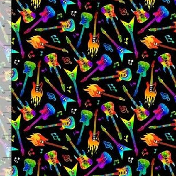 Music Fabric | Timeless Treasures Digital Small World Rainbow Guitar | Yard