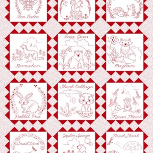 35" Fabric Panel | Studio E Raspberry Ripple Redwork Animal Plant Names Red