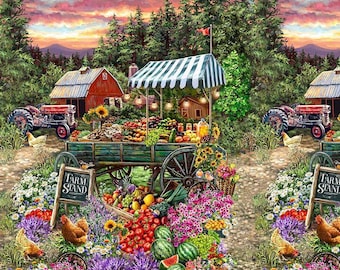 23" Fabric Panel | Timeless Treasures Farm Stand Barn Tractor Produce Scene