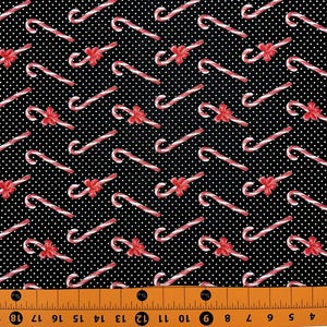 Fabric Traditions | Christmas Candy Cane on Black Polka Dot | YARD