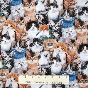 Cat Breeds Fabric - Packed Pet Kitten Faces Blue - Elizabeth's Studio YARD
