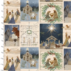 May include: A fabric panel featuring Christmas-themed illustrations. The design includes scenes of the Nativity, angels, the Three Wise Men, churches, and musical notes. The color palette is soft, with blues, greens, and beige tones, creating a vintage aesthetic.