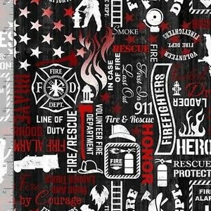 Fireman Fabric - Fire Truck & Words Red White Black - Timeless Treasures YARD