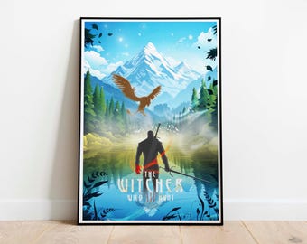 Lámina artística brillante de The Witcher 3, póster de juego de fantasía
