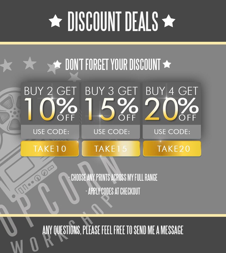 K&ouml;nnte beinhalten: Eine graue und gelbe Grafik mit dem Text "DISCOUNT DEALS" und "DON'T FORGET YOUR DISCOUNT".  Drei goldene K&auml;sten mit dem Text "BUY 2 GET 10% OFF", "BUY 3 GET 15% OFF", und "BUY 4 GET 20% OFF".  Jeder Kasten hat einen goldenen Knopf mit dem Text "TAKE 10", "TAKE 15", und "TAKE 20".  Der Text "CHOOSE ANY PRINTS ACROSS MY FULL RANGE" und "APPLY CODES AT CHECKOUT" befindet sich unter den K&auml;sten.  Der Text "ANY QUESTIONS, PLEASE FEEL FREE TO SEND ME A MESSAGE" befindet sich am unteren Rand der Grafik.