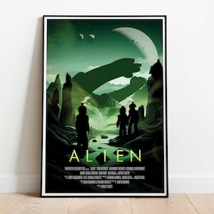 Puede incluir: Un póster de estilo retro para la película "Alien" con un esquema de color verde y negro. El póster representa una silueta de un grupo de astronautas de pie en un paisaje alienígena verde. El texto "Alien" está escrito en una fuente blanca en negrita.