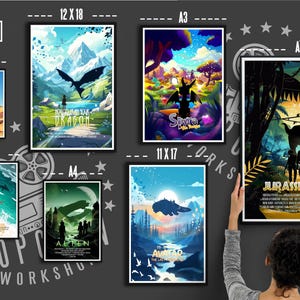 K&ouml;nnte beinhalten: Eine Sammlung von Filmposter-Drucken mit verschiedenen Filmtiteln, darunter "Jaws", "Alien", "Avatar", "Spyro", "Dragon" und "Jurassic Park". Die Poster sind an einer dunkelgrauen Wand mit einer Gr&ouml;&szlig;en&uuml;bersicht und dem darunter gedruckten Text "Popcorn Workshop" angebracht.