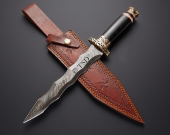 Daga de acero de Damasco forjada a mano, personalizada, de 38 cm (15 pulgadas), hoja Kris, Keri Flamberge, espada medieval, con funda, regalo de cumpleaños para papá.