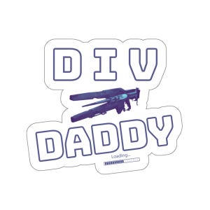 Könnte beinhalten: Ein weißer Aufkleber mit blauem Text, der "DIV DADDY" lautet, mit einer Ladeanzeige darunter. Ein blaues und violettes Raumschiff befindet sich in der Mitte des Aufklebers.