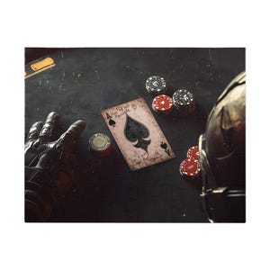 May include: A puzzle featuring a poker scene with an Ace of Spades card, poker chips, and a gloved hand. The card reads "Ace of my favorite." The chips are red, black, and white. The puzzle pieces are black.