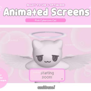 May include: A pink digital graphic with the text "Animated Screens" and "Pink Cybercore Cat." The image features a white cat with angel wings and a halo, with the words "starting soon!" on a pink banner. The background is a soft pink.