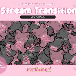 Puede incluir: Un gráfico de transición de flujo rosa y gris con un patrón repetitivo de personajes de gatos de peluche con lazos y detalles de cordones. El texto "Stream Transition" y "Jirai Kei Plush" se muestran en la parte superior. También incluye el texto "azukirune!"