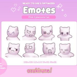 Puede incluir: Gráfico digital con ocho emoticonos de gato rosa con diversas expresiones. La imagen incluye el texto "Emotes" y "Pink Cybercore Cat". Las dimensiones de la imagen son 128x128, 112x112, 56x56 y 28x28 píxeles.