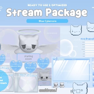 Op de afbeelding: Een blauw cybercore stream-pakket met een schattig katten thema. Het ontwerp bevat pixelhartjes, katteniconen en tekstelementen zoals "Stream Package" en "Blue Cybercore". Het pakket bevat ook elementen als "Regels", "Credits" en "Schema".