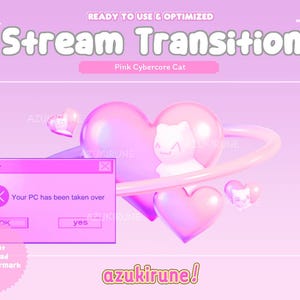 Peut inclure: Graphique numérique rose pour une transition de flux, avec un design en forme de cœur avec une figurine de chat et le texte "Stream Transition Pink Cybercore Cat". L'image comprend le texte "Your PC has been taken over".