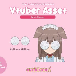May include: A digital illustration of swirly glasses for a Vtuber asset. The graphic features a pair of round glasses with spiral lenses and a character wearing the glasses, a maid outfit, and dog ears. Text includes Ready to Use & Optimized, Vtuber Asset, Swirly Glasses, 3145 px x 2286 px, instant download + no watermark, and azukirune!