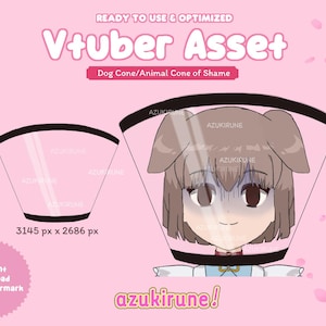 Puede incluir: Un activo digital Vtuber que presenta un cono para perro transparente con borde negro. Una versión está vacía y la otra muestra un personaje de dibujos animados con cabello castaño y orejas de perro usando el cono. El texto incluye: Ready to Use & Optimized, Vtuber Asset, Dog Cone/Animal Cone of Shame, 3145 px x 2686 px, instant download + no watermark y azukirune.