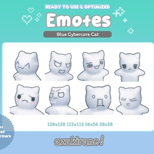 Emotes de gato cybercore / Paquete de emoticonos Y2K / Emotes de Twitch de baja poligonalidad / Emotes de gato chibi / Twitch cyber / Twitch kaomoji / Estética Y2K azul