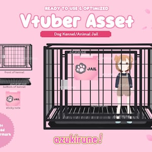 May include: A black metal dog kennel with a pink sign that says "Jail" hanging on the front. The kennel is on a pink background with white flowers.