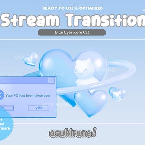 Puede incluir: Gráfico digital para una transición de transmisión, con un tema de gato ciber-core azul. El diseño incluye un corazón, un gato y una ventana de computadora con el texto "Your PC has been taken over". Las palabras "Stream Transition" están en la parte superior.