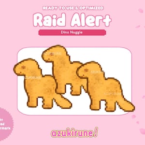May include: Digital graphic of three dinosaur-shaped chicken nuggets. The image has a pink background with the text "Raid Alert" and "Dino Nuggie". The words "instant download + no watermark" are also present.