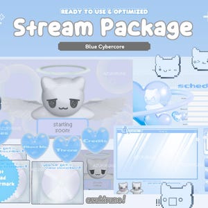 Może przedstawiać: Cyfrowy pakiet do streamingu w odcieniach jasnego błękitu zawierający ikony kotów w stylu pixel art, przyciski w kształcie serc z napisami Rules, About Me, Throne, Credits, szablon harmonogramu oraz ramki z tekstem starting soon i azukirune.