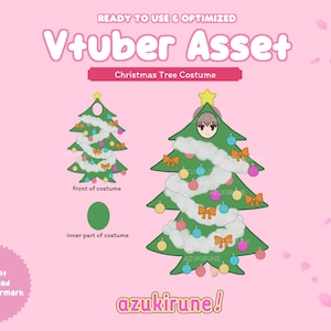 May include: A digital Vtuber asset featuring a Christmas tree costume with a green triangular body, white garland, colorful ornaments, and orange bows. The text reads Ready to Use & Optimized Vtuber Asset, Christmas Tree Costume, front of costume, inner part of costume, instant download + no watermark, and azukirune.