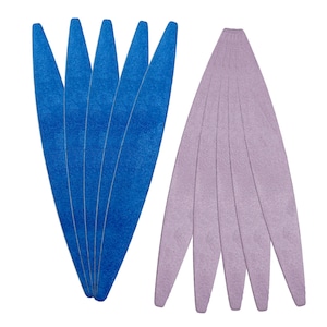 May include: A set of 10 nail files, 5 blue and 5 purple. The files are shaped like a long oval and are made of a rough material.