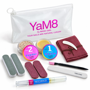 May include: A nail care kit featuring a white zippered pouch labeled YaM8 by MAGIC GIRL, two small jars of powder and paste, a maroon cloth, two grey nail files, two maroon buffers, a cuticle pusher, a 180/240 grit file, and a nail and cuticle oil pen.