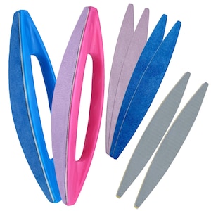 May include: Set of nail files in various colours and shapes, including blue, pink, purple, and grey. The files are designed for shaping and smoothing nails.