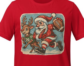 Santa and Rudolph Playing Football Shirt | Christmas Sports Tee | Holiday Game Day Gift | Festive Santa Claus and Reindeer T-Shirt