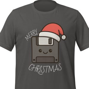 Retro Tech Floppy Disk Merry Christmas T-Shirt | Funny Floppy Disk Wearing Santa Hat Tee | Vintage Computer Engineer and Coder Holiday Shirt