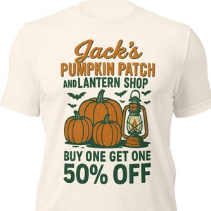 Vintage Halloween Fun Jack O' Lantern T-Shirt | Jack's Pumpkin Patch & Lantern Shop Tee | Halloween Aesthetic Retro Fall Farm Pumpkin Shirt