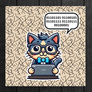 Peut inclure: Un chat de dessin animé portant des lunettes et un nœud papillon tient une tablette avec une bulle de message de code binaire au-dessus de sa tête. Le code indique "01101101 01100101 01101111 01110111 00100001".