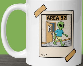 Area 51 Humor Mug | Funny Alien Bathroom Mug | Area 52 UFO Joke Gift | Retro Alien Mug for Sci-Fi Lovers | Alien Restroom Space Humor Mug