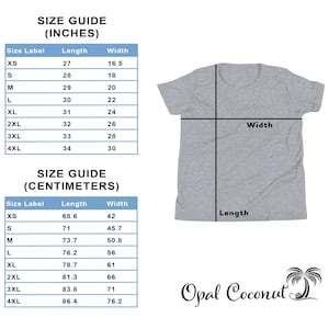 May include: A gray t-shirt with a size guide in inches and centimeters. The size guide shows measurements for XS to 4XL. The Opal Coconut logo is in the bottom right corner.