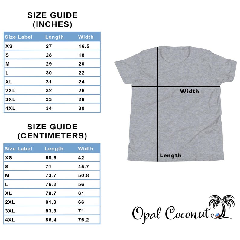 May include: A gray t-shirt with a size guide in inches and centimeters. The size guide shows measurements for XS to 4XL. The Opal Coconut logo is in the bottom right corner.
