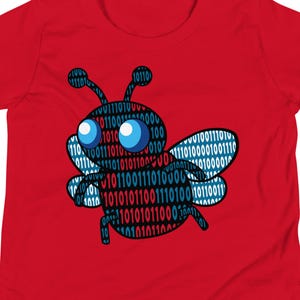 May include: Red t-shirt with a black and blue cartoon bee made of binary code.