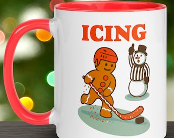 Funny Icing Penalty Christmas Hockey Mug | Gingerbread Man Hockey Cup | Snowman Referee Holiday Coffee Mug | Funny Christmas Hockey Pun Gift