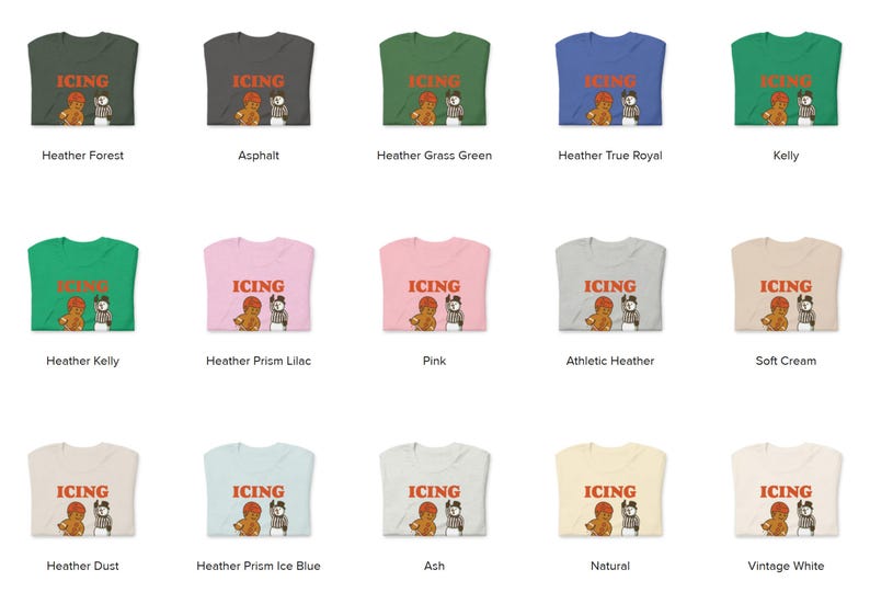 May include: A collection of t-shirts in various colors, each featuring the word "ICING" above a graphic of a bear and a referee. Colors include green, gray, blue, pink, and cream.