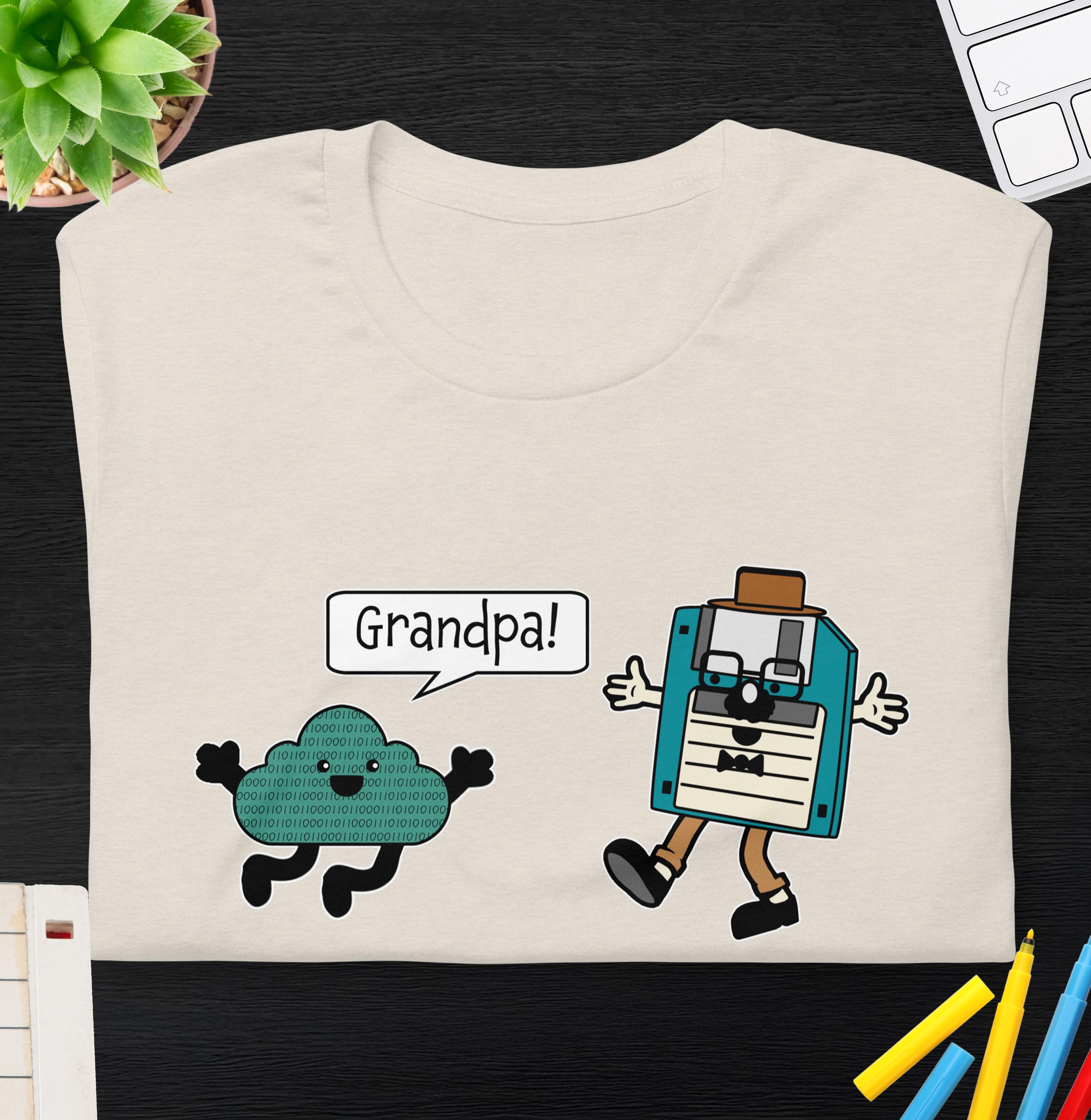 Cloud & Floppy Disk Funny T-Shirt | Hi Grandpa Floppy Disk | 90s Computer Geeky Humor Aesthetic | Retro Technology Tee | IT Technician Shirt