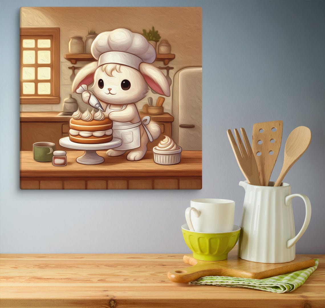 Bunny Rabbit Baking Cake Kitchen Canvas Art | Dining Room Chef Art ...